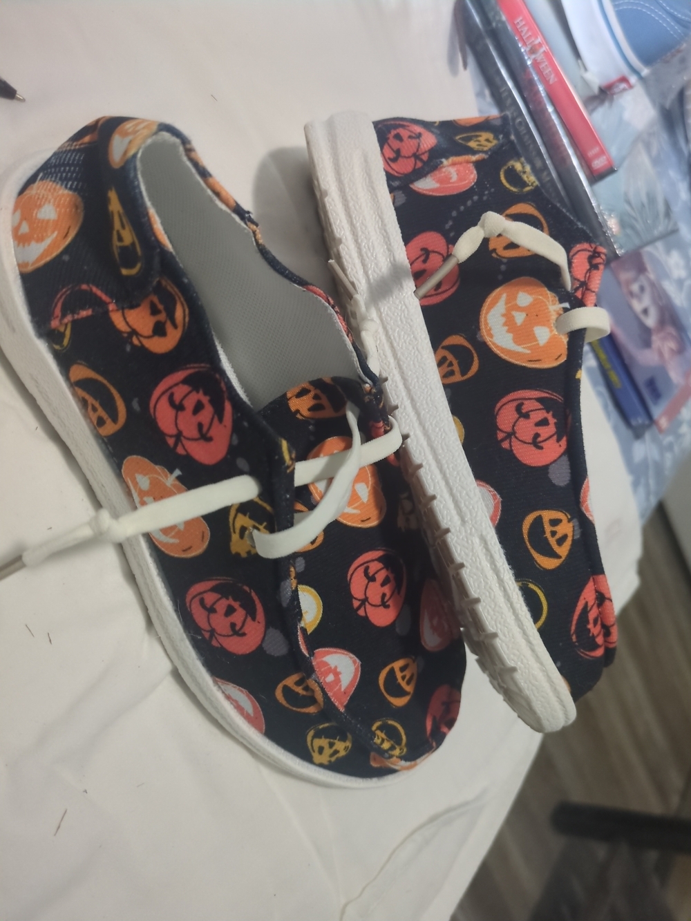 Ladies Black Halloween Pumpkin Print Slip-On Shoes